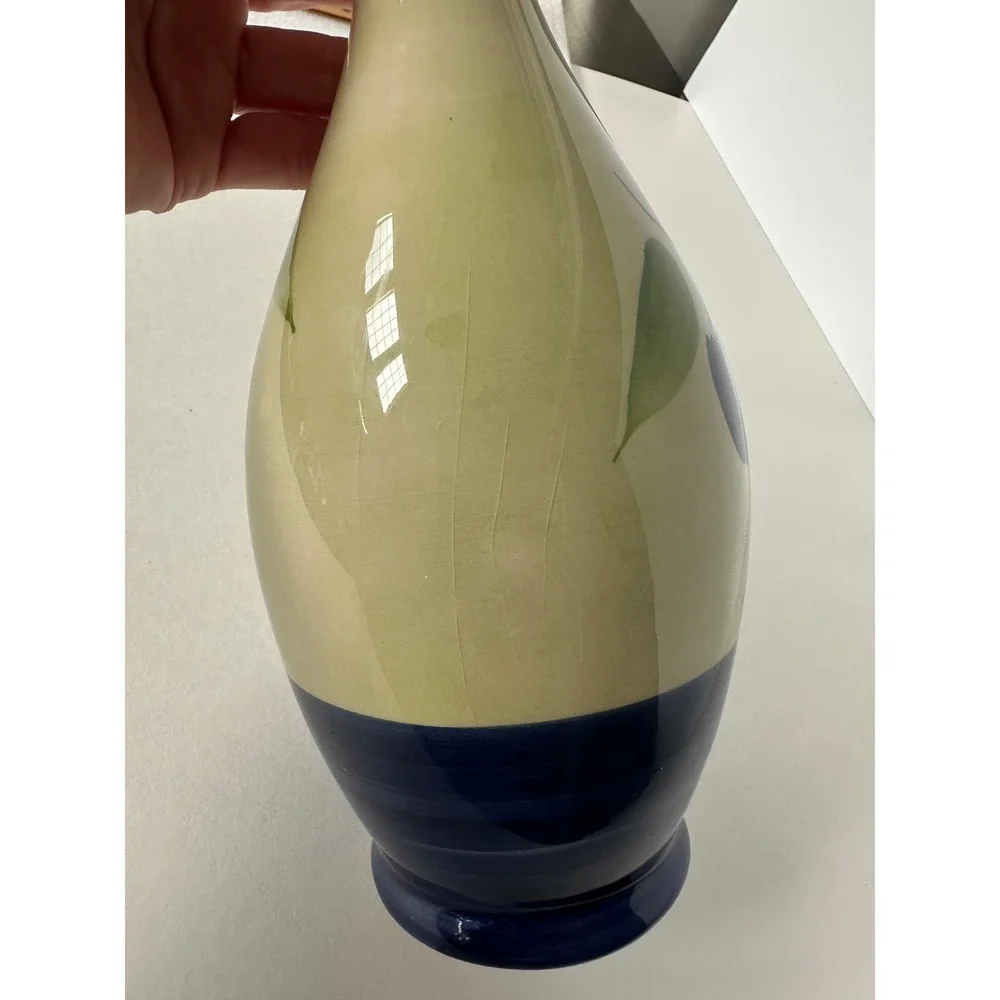 Ceramica AM Italy Hand Decorated Olive Branch Ceramic Vase Blue Cream 10 Inch